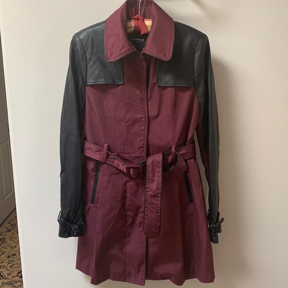 bebe Jackets & Blazers - Bebe belted trench coat, two tone black and maroon.